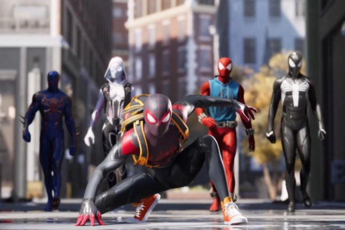 A prévia vazada mostra a Nova Iorque de Marvel’s Spider-Man com diversos aranhas, incluindo o Homem-Aranha 2099, o Aranha Escarlate, Peter Parker no traje preto, a Spider-Gwen e Miles Morales, lutando cotra vilões do Sexteto Sinistro, como o Doutor Octopus, Venom e Mysterio -  (crédito: Reprodução/Insomniac Games)