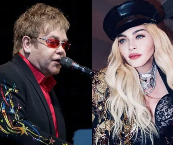 Recentemente, o cantor Elton John, um dos maiores da história, botou um ponto final na 'rixa' que manteve durante anos com a cantora Madonna, também uma das gigantes do show business.  -  (crédito: Reprodução Instagram/Montagem)
