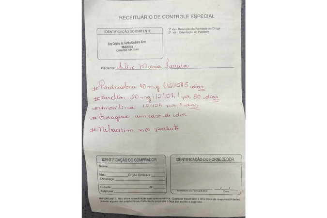 Grazielly usou uma receita médica com carimbo de uma médica de Goiânia