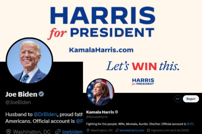 Perfis de Biden e Harris atualizados com novo logotipo -  (crédito: Reprodução / X / Montagem)