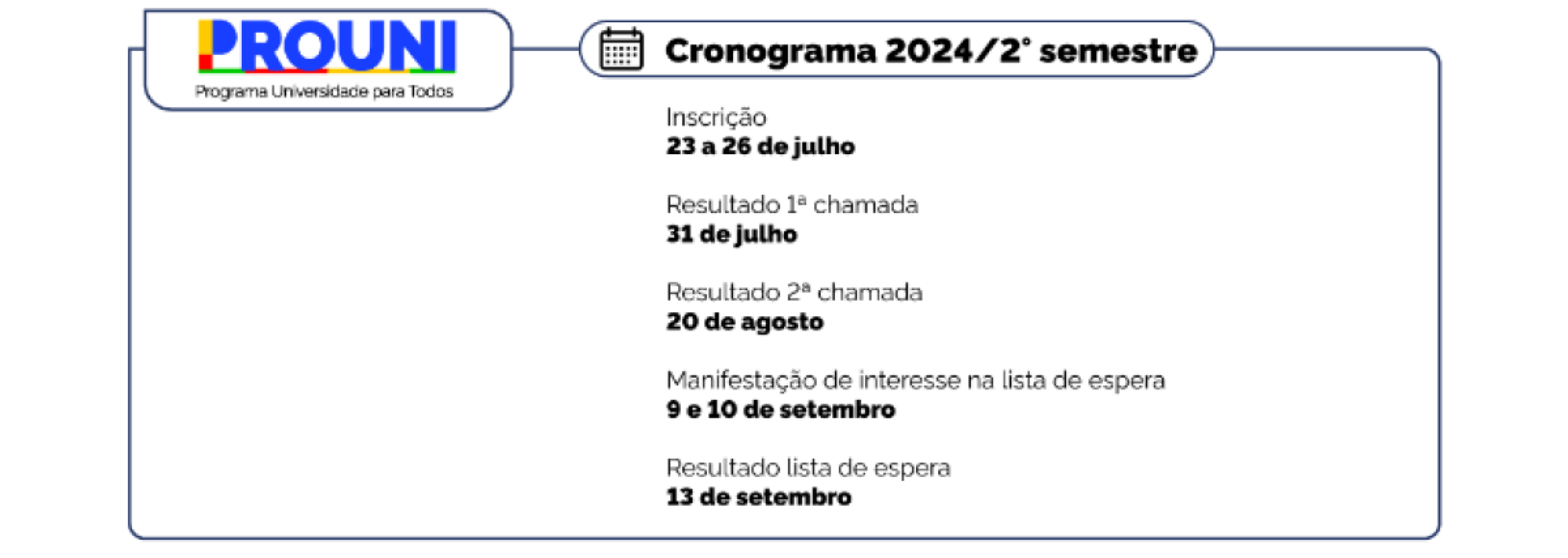 Calendário do Prouni do 2º semestre