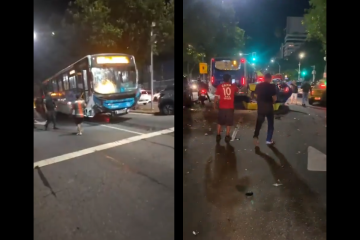 Acidente envolvendo ônibus da linha 409 e vários outros carros na Praia do Flamengo, RJ -  (crédito: Reprodução / Redes sociais)
