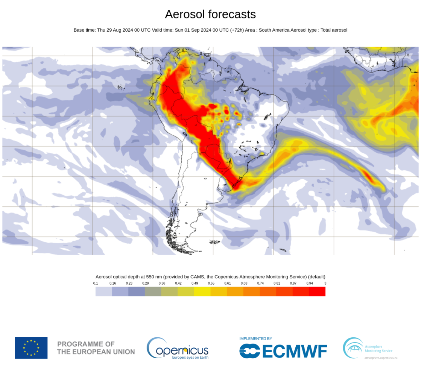 Mapa mostra dispersão da fumaça das queimadas pelo país (Dia 1/9)