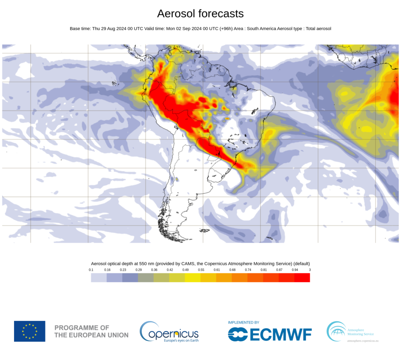 Mapa mostra a dispersão da fumaça dos incêndios pelo país (Dia 2/9)