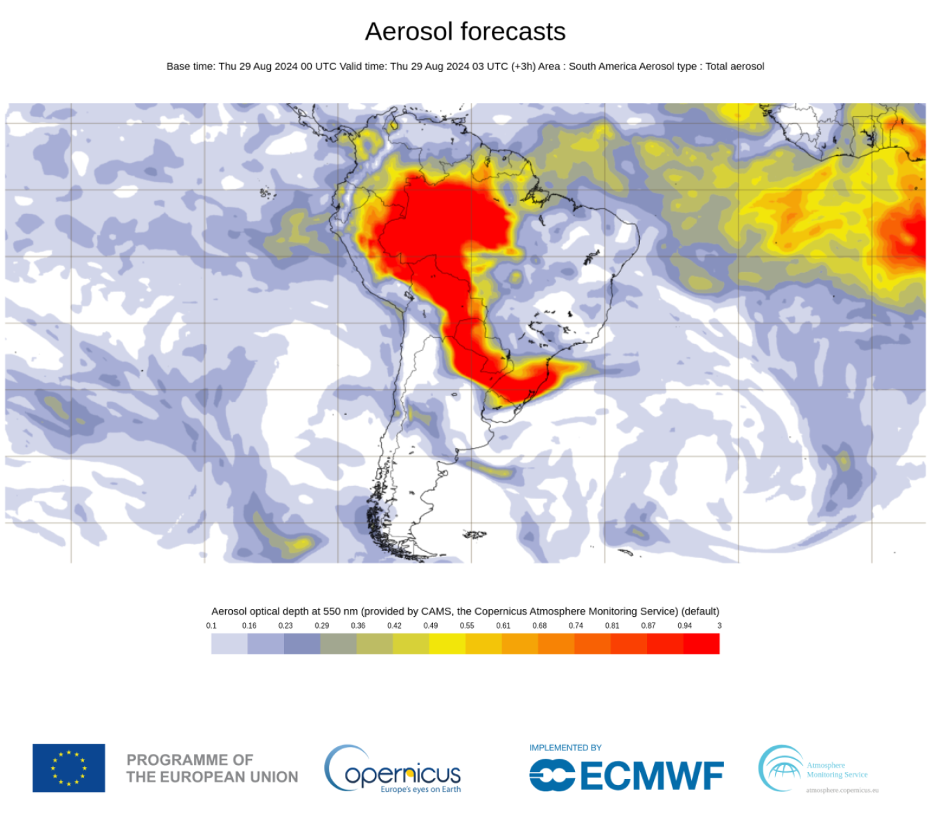 Mapa mostra a dispersão da fumaça dos incêndios pelo país (29/8)