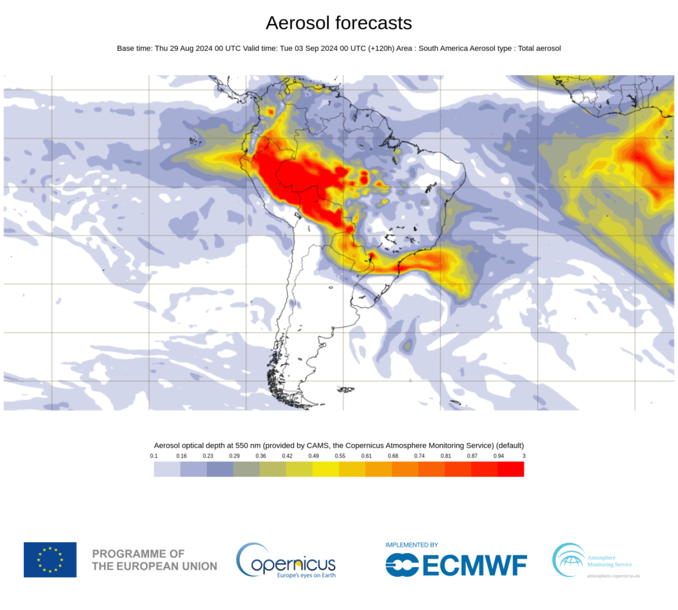 Mapa mostra a dispersão da fumaça dos incêndios pelo país (Dia 3/9)