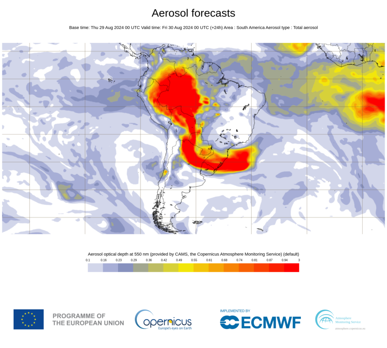 Mapa mostra a dispersão da fumaça dos incêndios pelo país (30/08)