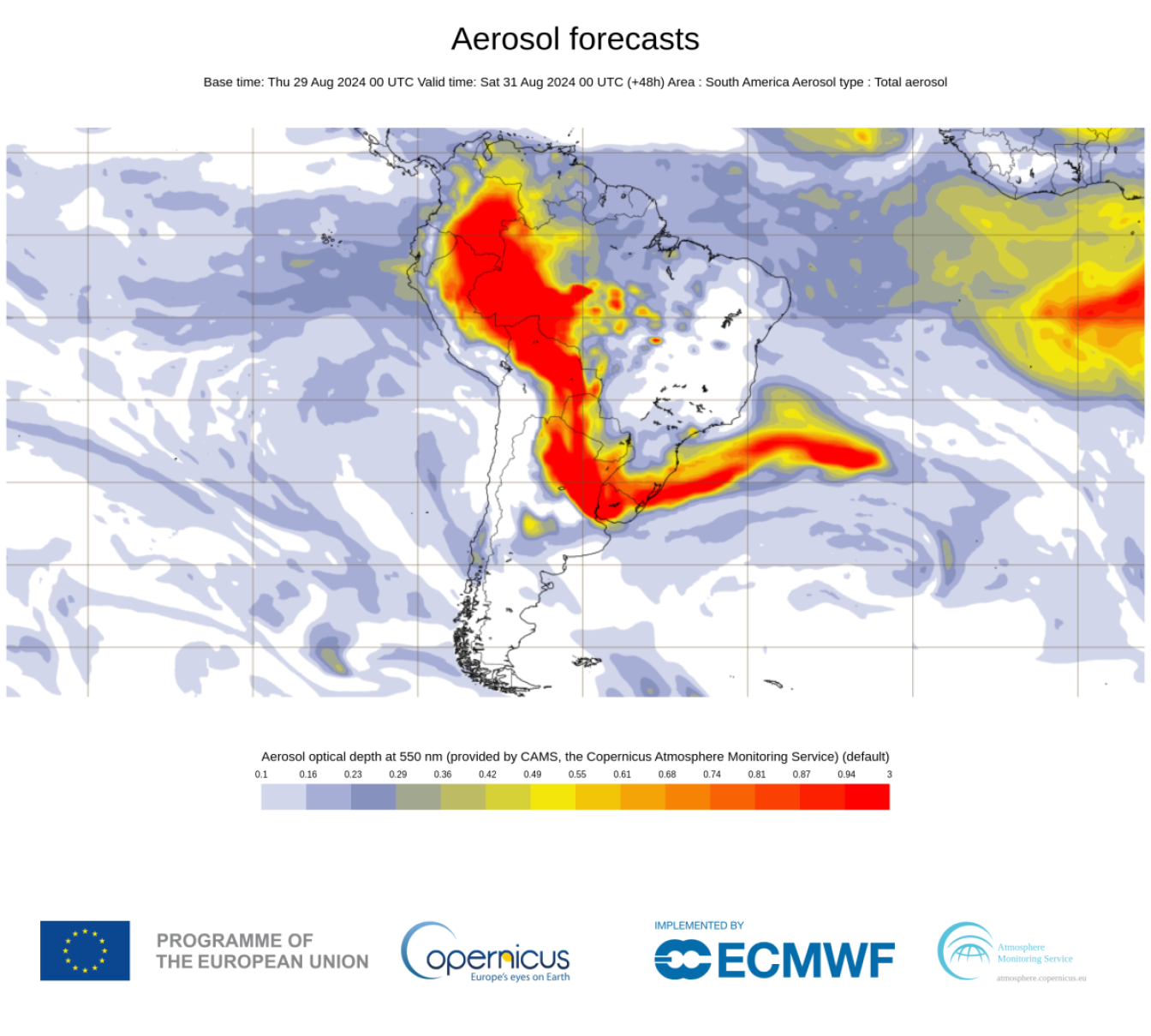 Mapa mostra dispersão da fumaça das queimadas pelo país (Dia 31/8)