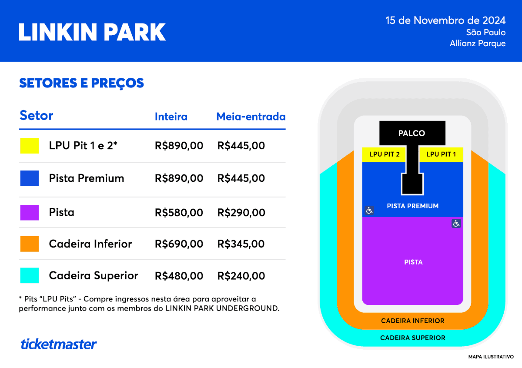 Confira o mapa de lugares e os valores Mapa de lugares e respectivos valores do show extra do Linkin Park
