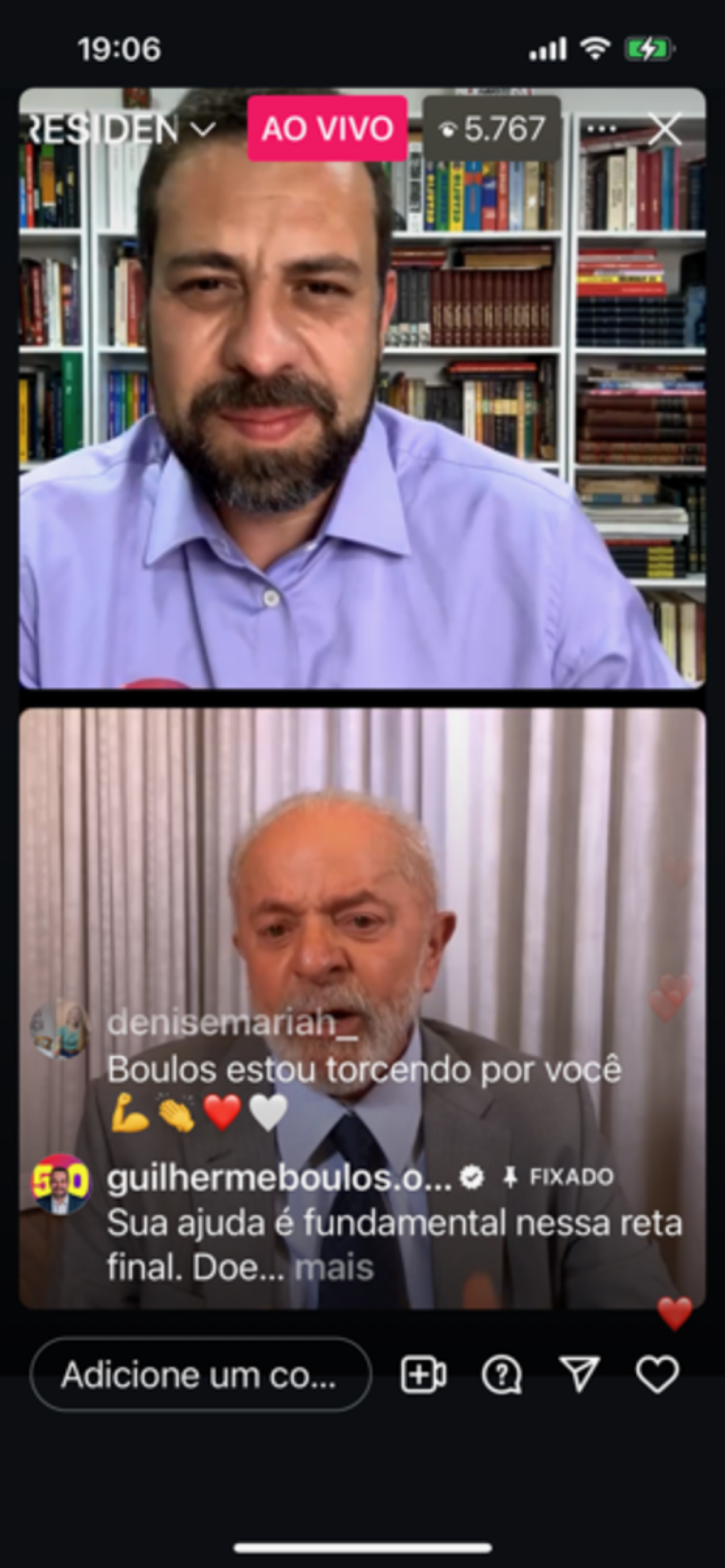 Antes de último debate, Boulos faz live com Lula no Instagram