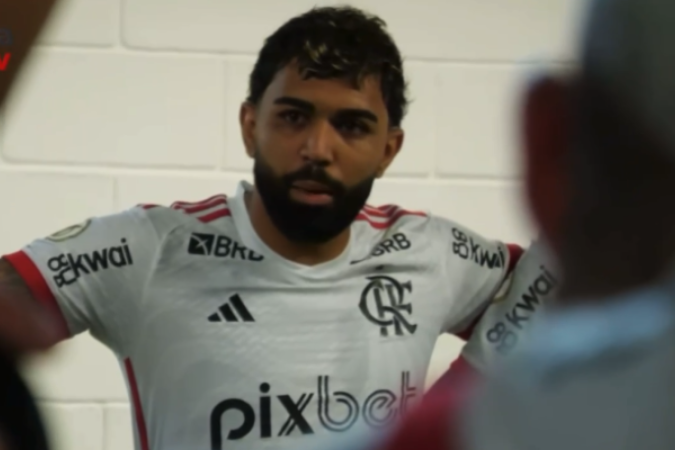 Gabigol durante discurso no vestiário - (crédito: Foto: Reprodução / FlaTV) Gabigol durante discurso no vestiário - (crédito: Foto: Reprodução / FlaTV)