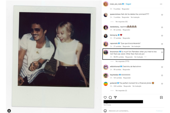 Print do post da Rosé que o Bruno Mars comentou