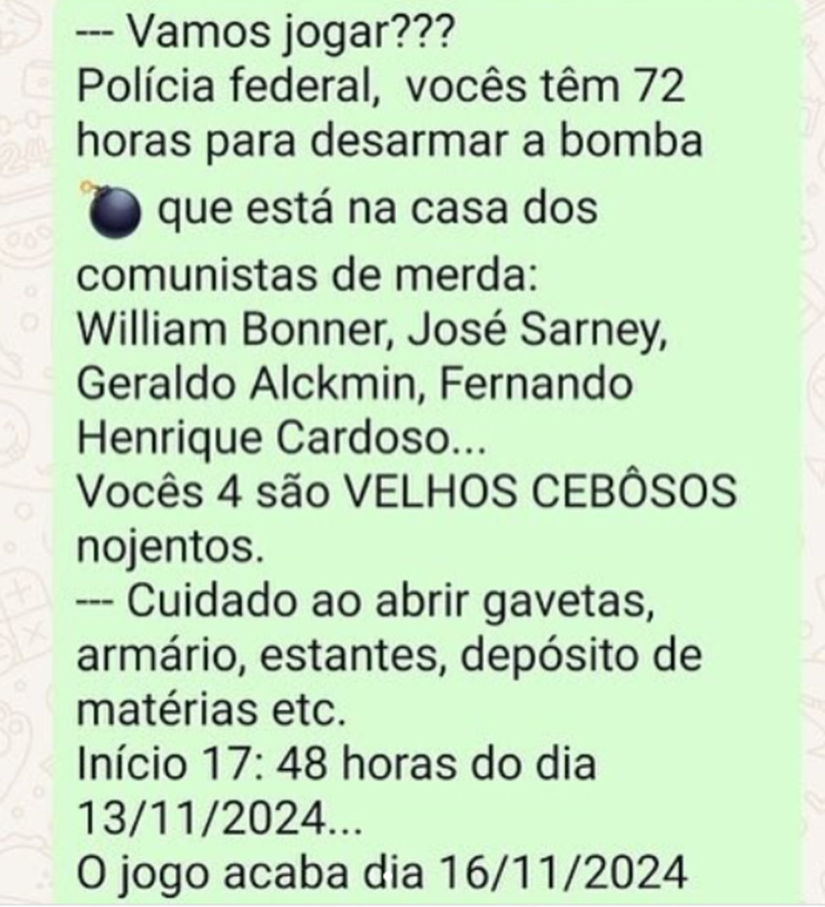 Homem alerta Polícia Federal de bomba 