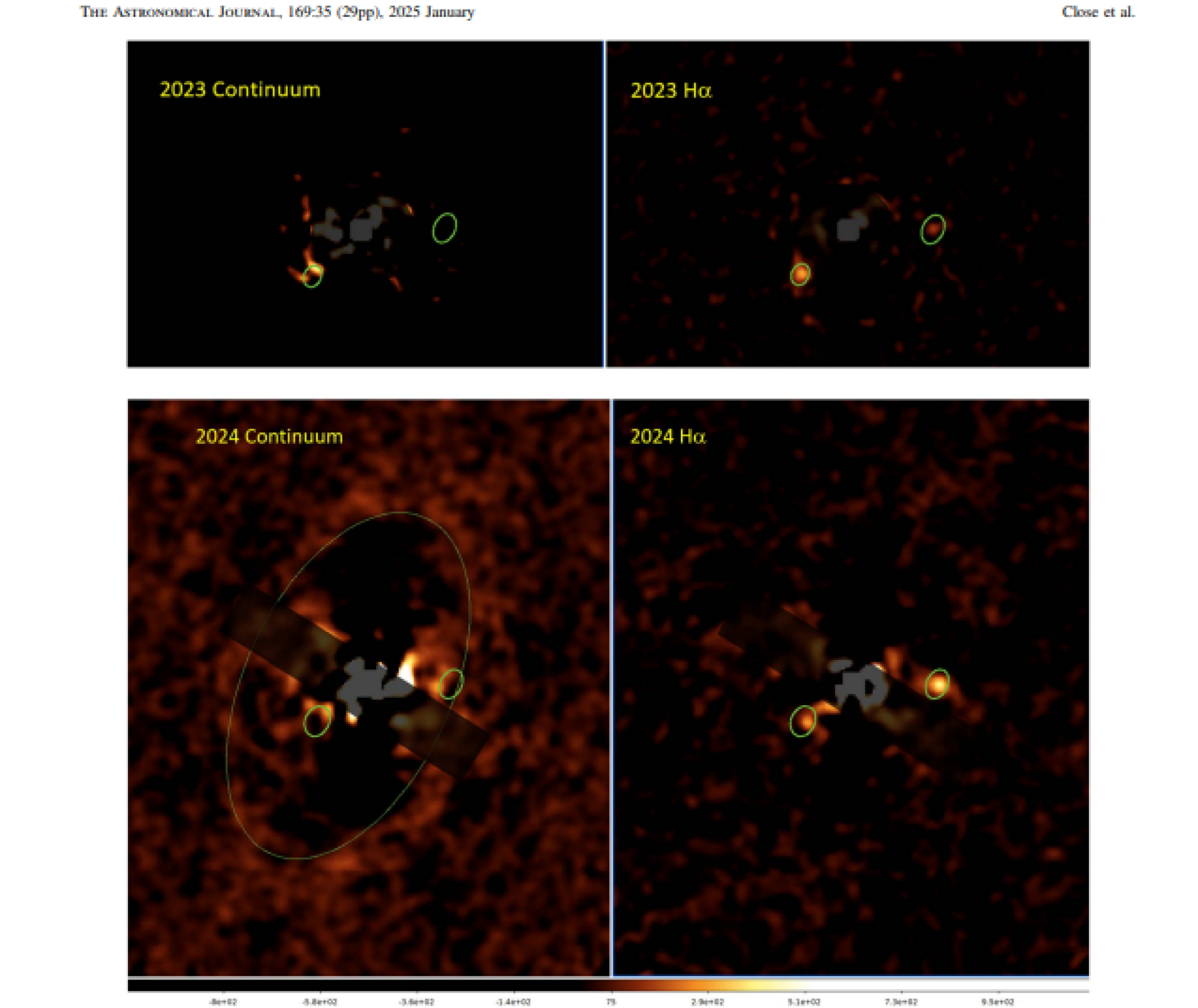 Aqui comparamos o contínuo e H?. Reduzido da mesma forma que nas Figuras 3–4, exceto movimento pyKLIP = 5 (em vez de 0) e um filtro passa-alta em 19,5 pix (em vez de 5,3 pix), com essas configurações, os recursos estendidos mais fracos do disco são preservados. Na imagem contínua de 2024 (canto inferior esquerdo), vemos luz espalhada de o disco de transição PDS70, com a cavidade escura ajustada (r = 49 ua; 0,437 mas) com a fina elipse verde. 