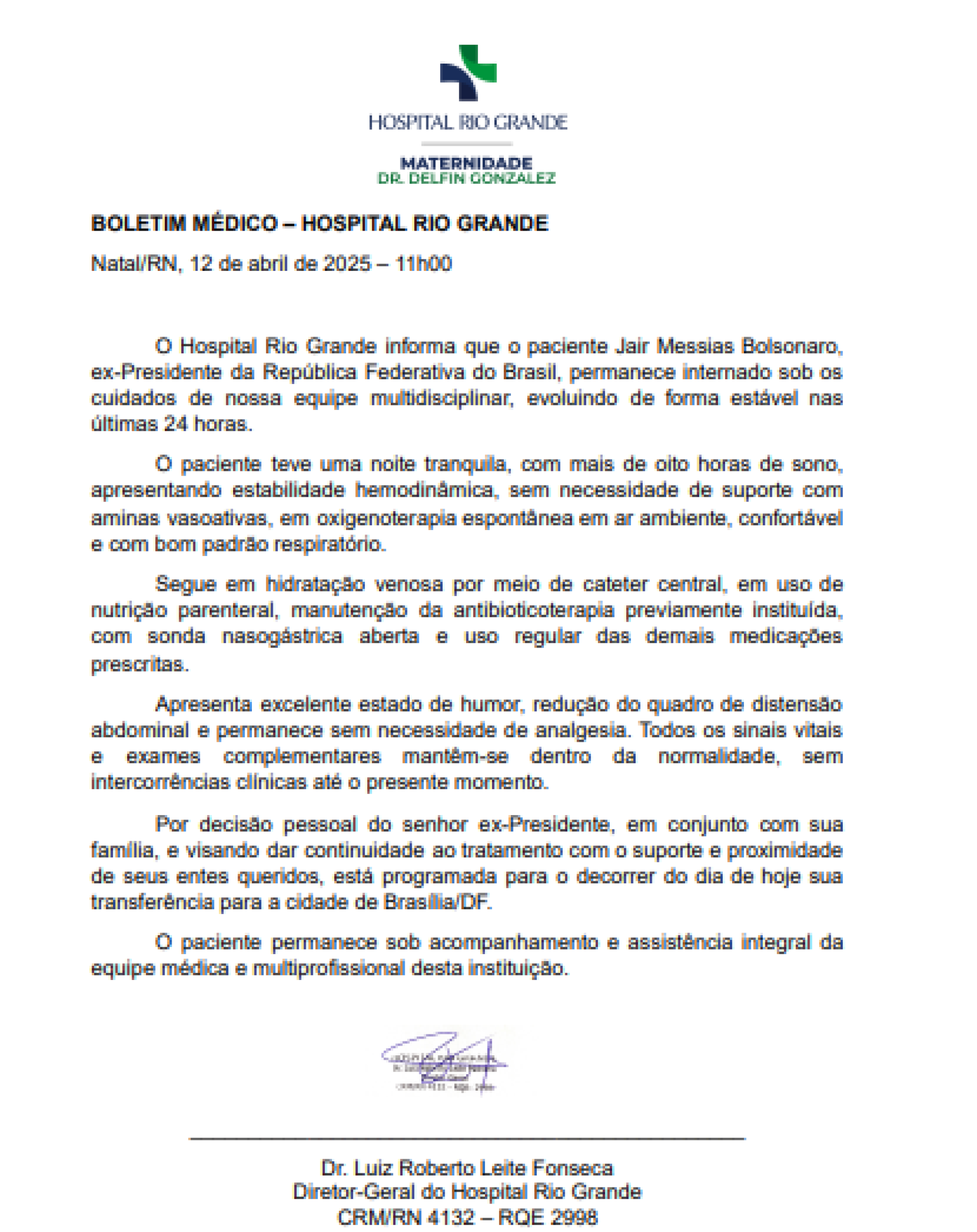 Boletim Médico Bolsonaro (12/4)