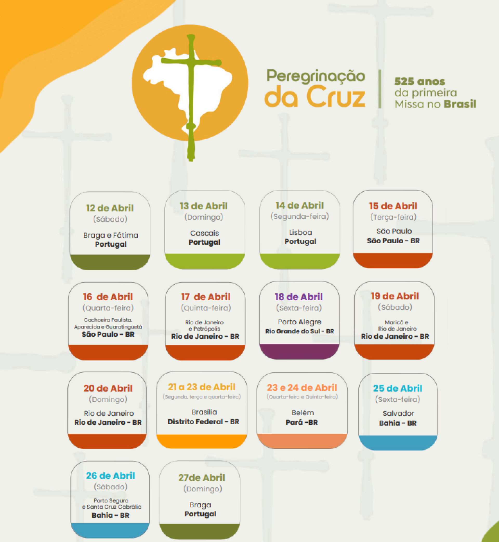 Agenda completa da cruz peregrina da primeira missa no Brasil