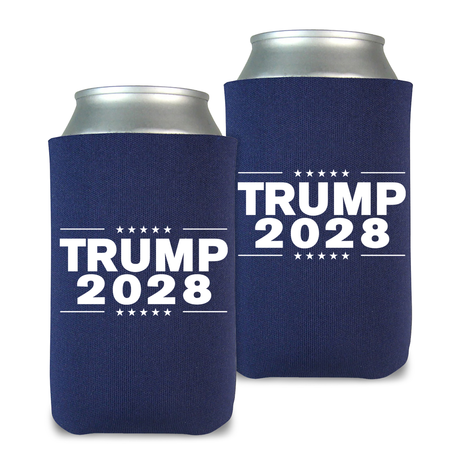 Porta-latas azul marinho com os dizeres Trump 2028