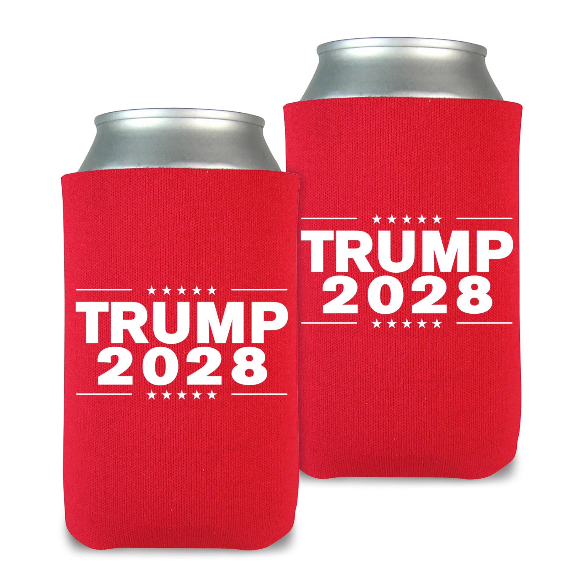 Porta-latas vermelho com os dizeres Trump 2028