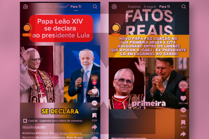 Vídeos que afirmam que o papa Leão XIV fez elogios ao presidente Lula (PT) e ao ex-presidente Jair Bolsonaro (PL) durante discursos. - (crédito: Reprodução/Comprova) Vídeos que afirmam que o papa Leão XIV fez elogios ao presidente Lula (PT) e ao ex-presidente Jair Bolsonaro (PL) durante discursos. - (crédito: Reprodução/Comprova)