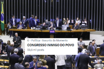 A hashtag #CongressoInimigoDoPovo chegou a figurar entre os seis assuntos mais comentados do X -  (crédito: Kayo Magalhães/Câmara dos Deputados  e Reprodução)