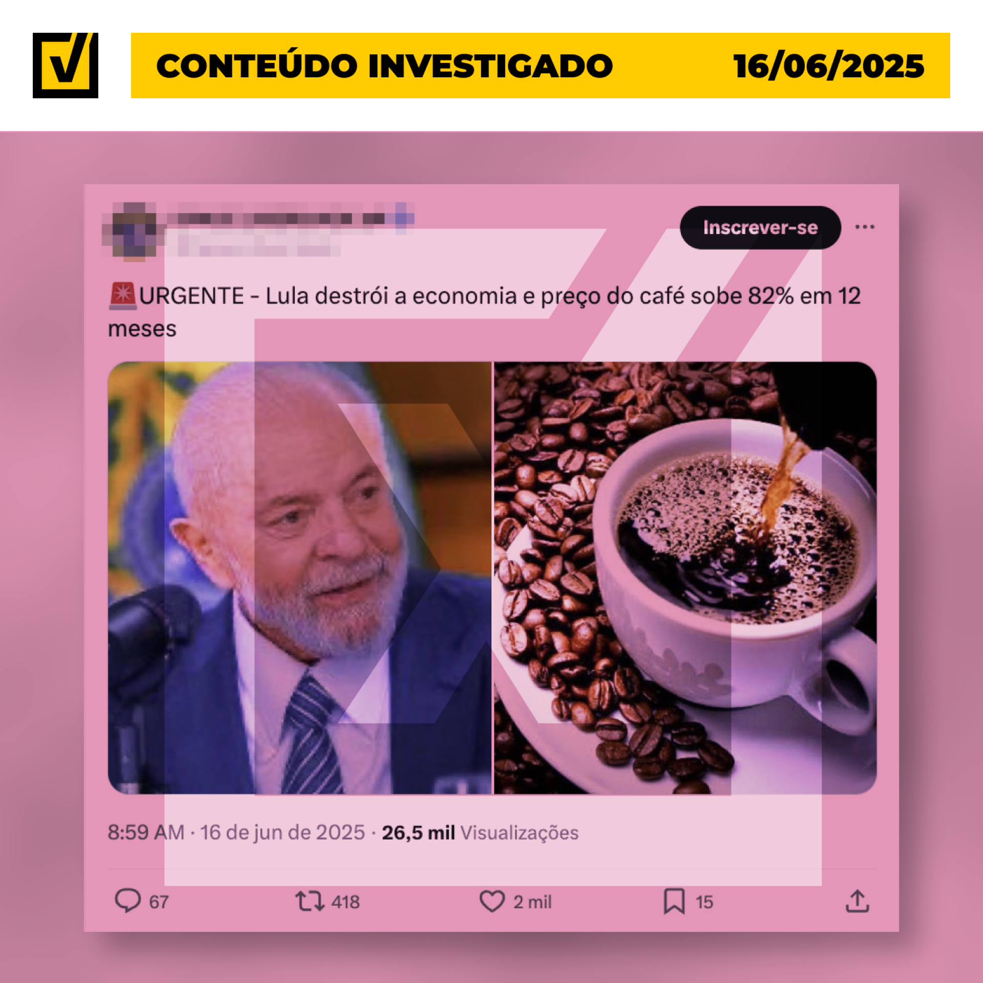 O aumento no preço do café nos últimos meses se deve a safras abaixo do esperado e questões climáticas, sem relação direta com medidas do governo Lula (PT), ao contrário do que sugere um post publicado na rede social X. - (crédito: Reprodução/Comprova) O aumento no preço do café nos últimos meses se deve a safras abaixo do esperado e questões climáticas, sem relação direta com medidas do governo Lula (PT), ao contrário do que sugere um post publicado na rede social X. - (crédito: Reprodução/Comprova)