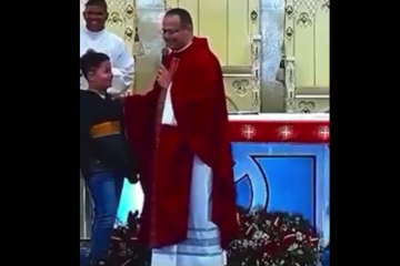 Um conjunto de jovens formava uma fila para falar com o sacerdote. O padre, com um microfone em mãos, incentivava que cada um dos pequenos fiéis pedisse por algo para São Pedro, primeiro papa e peça fundamental da Igreja Católica, cuja data foi comemorada no mesmo domingo -  (crédito: Reprodução )