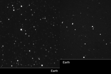 A paralaxe de Proxima Centauri (esquerda) e Wolf 359 (direita) vista da Terra e pela New Horizons  -  (crédito: NASA/Johns Hopkins APL/SwRI)