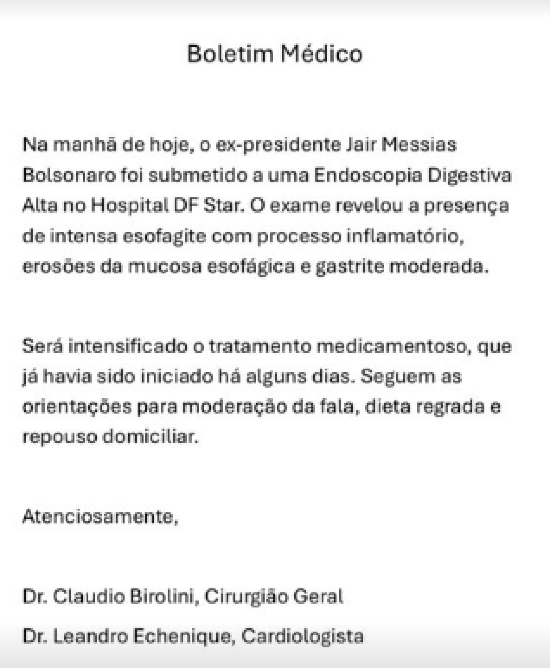 Boletim médico divulgado pela equipe médica de Bolsonaro nesta quarta-feira (2/7) 
