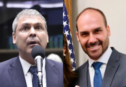 Lindbergh (esq.) pediu a prisão e apreensão de passaporte de Eduardo (dir.) em março; deputado licenciado tem pedido a autoridades medidas dos EUA contra o Brasil -  (crédito: Bruno Spada/Câmara e Divulgação)