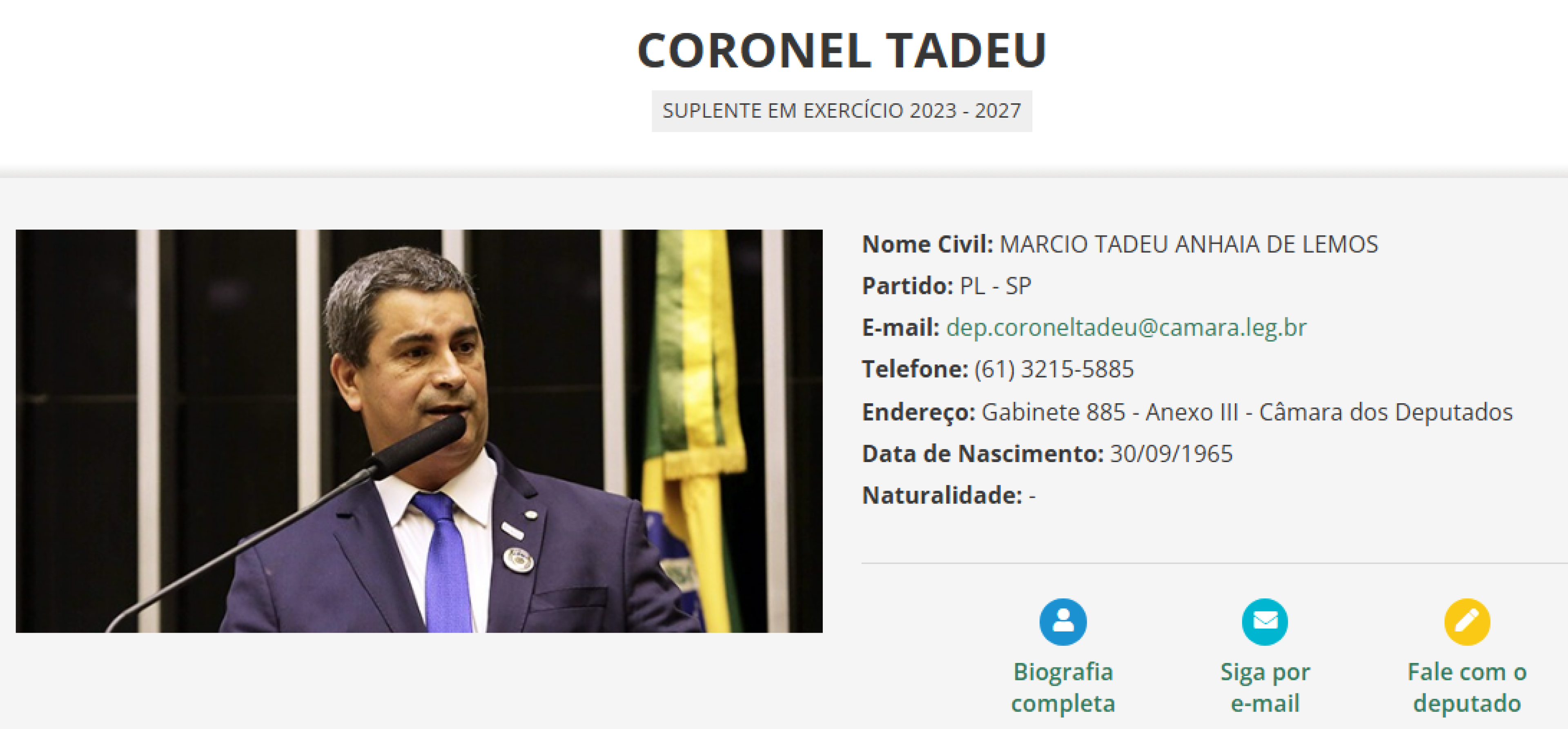 Coronel Tadeu (PL-SP) é o suplente de Carla Zambelli e já consta como parlamentar em exercício 