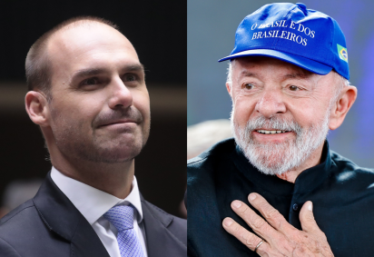 O deputado licenciado Eduardo Bolsonaro (esq.) tem sido constantemente criticado por Lula (dir.) por sua atuação nos EUA em prol de sanções contra o Brasil desde o anúncio das tarifas de Trump -  (crédito: Bruno Spada/Câmara e Ricardo Stuckert/Planalto)