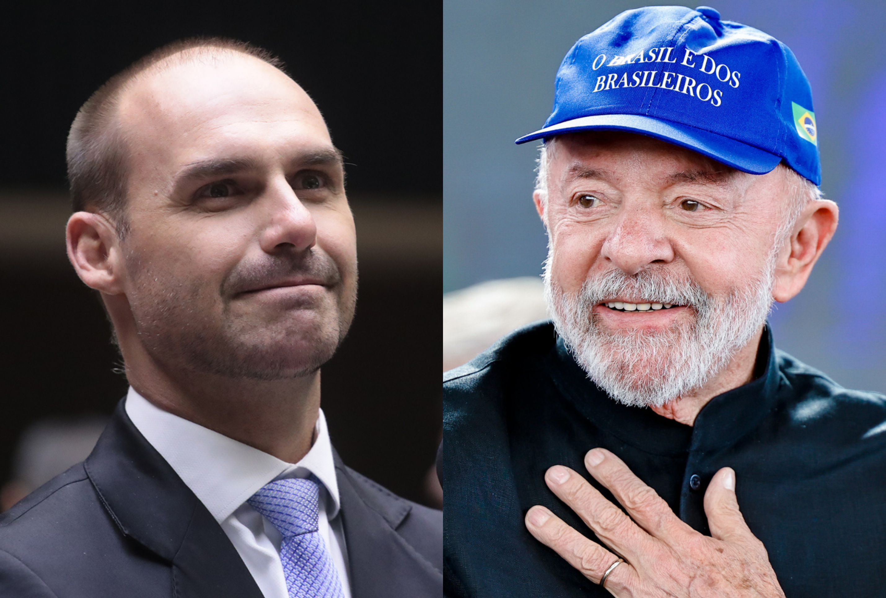 O deputado licenciado Eduardo Bolsonaro (esq.) tem sido constantemente criticado por Lula (dir.) por sua atuação nos EUA em prol de sanções contra o Brasil desde o anúncio das tarifas de Trump -  (crédito: Bruno Spada/Câmara e Ricardo Stuckert/Planalto)