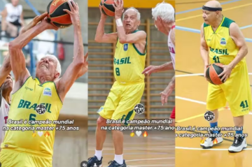 A equipe masculina 75+, ou seja, restrita a atletas de 75 anos de idade ou mais, venceu todos os jogos disputados em solo suíço -  (crédito: Federação Brasileira de Basquete Máster (FBBM) )