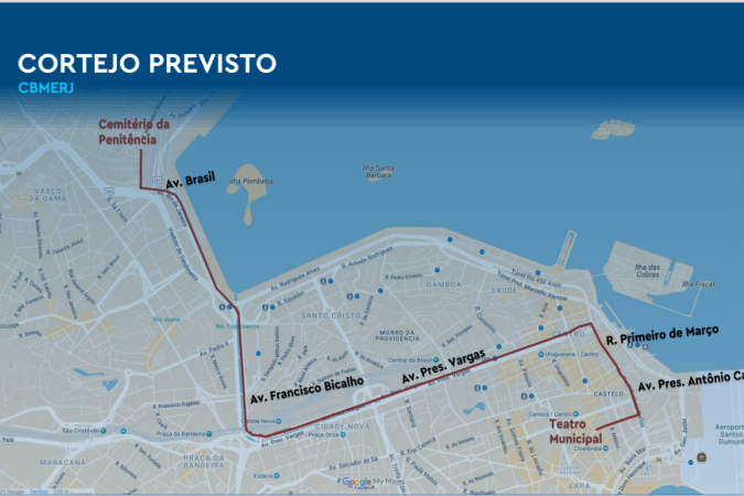 Trajeto cortejo a Preta Gil - (crédito: Reprodução/ COR Prefeitura do Rio de Janeiro) Trajeto cortejo a Preta Gil - (crédito: Reprodução/ COR Prefeitura do Rio de Janeiro)