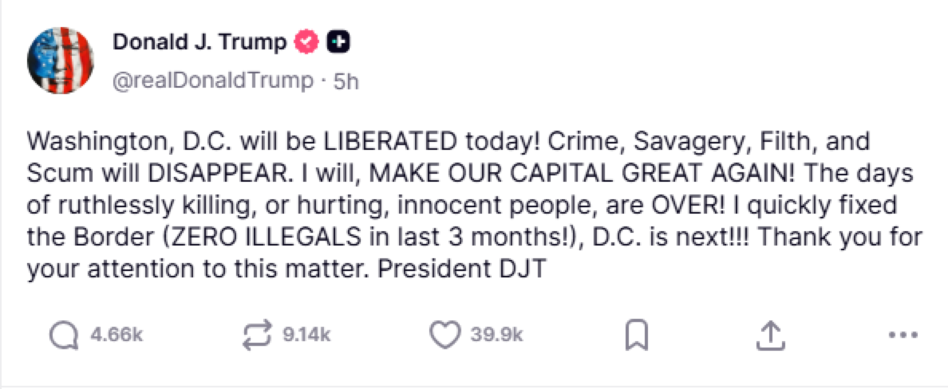 Donal Trump na Truth Social: "Os dias de matar ou ferir brutalmente pessoas inocentes ACABARAM! Consertei rapidamente a fronteira."