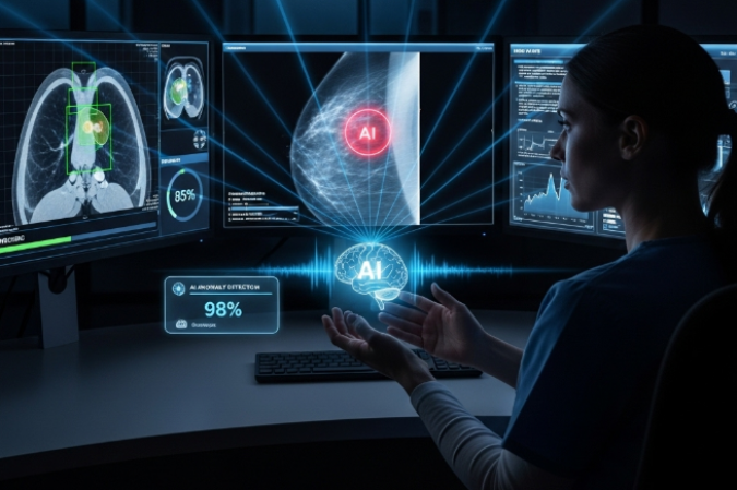 O estudo mostra que, se a tecnologia for usada de forma híbrida, combinando análises da máquina com a de radiologistas, é possível reduzir em até 40% a carga de trabalho humano sem comprometer a detecção de tumores - (crédito: Whisk/Google Labs/com base nos dados do artigo científico) O estudo mostra que, se a tecnologia for usada de forma híbrida, combinando análises da máquina com a de radiologistas, é possível reduzir em até 40% a carga de trabalho humano sem comprometer a detecção de tumores - (crédito: Whisk/Google Labs/com base nos dados do artigo científico)