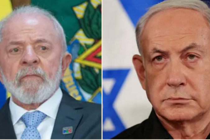 O então ministro das Relações Exteriores Israel Katz ao lado do diplomata brasileiro Frederico Meyer em ocasião considerada pelo Brasil como um insulto -  (crédito: EPA)