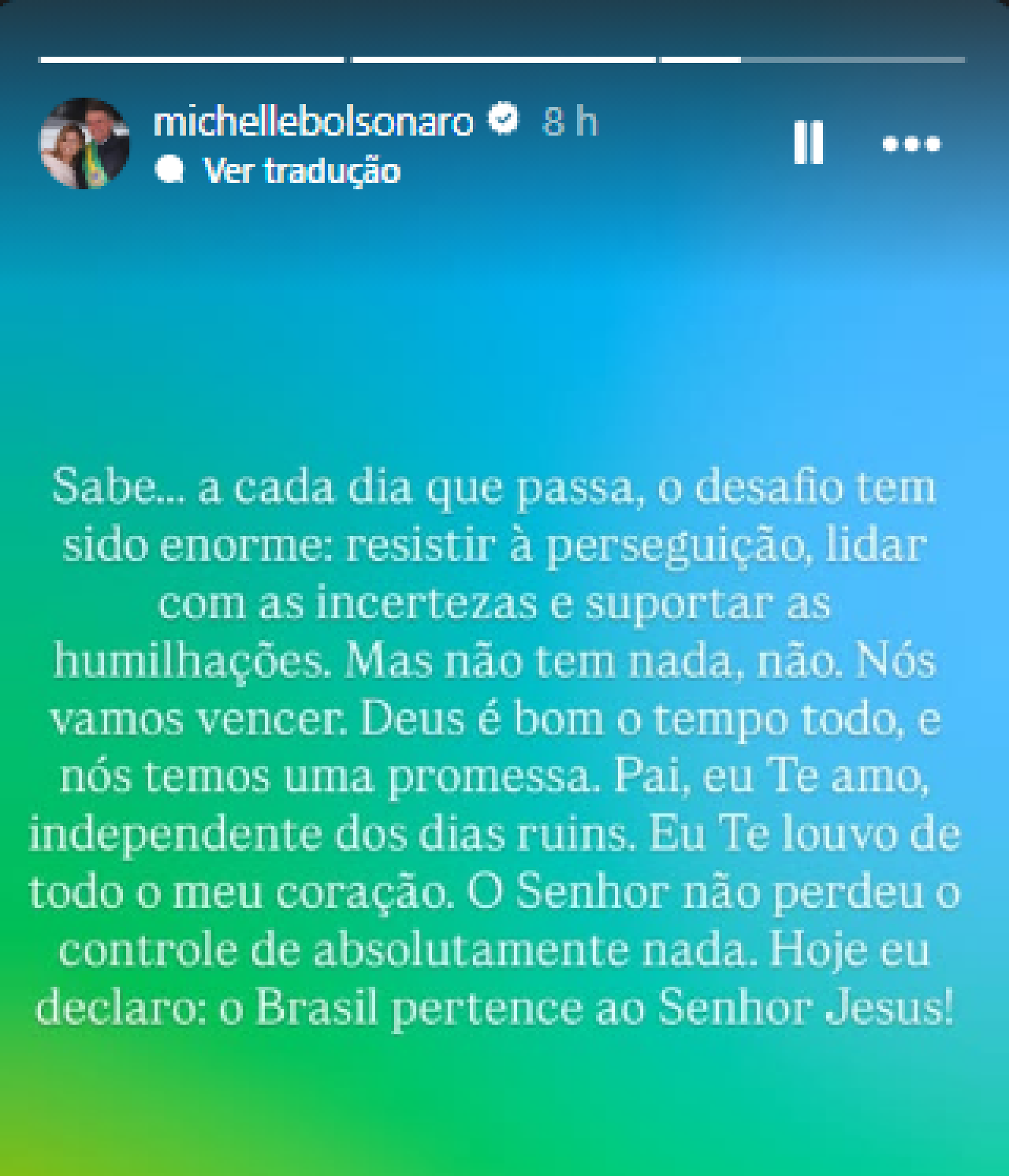 Publicação feita nos stories da ex-primeira dama na noite de terça-feira (26/8) após Moraes determinar que a polícia penal monitore a casa de Jair Bolsonaro, no Jardim Botânico