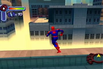 Uma captura do jogo que mostra sua interface e os prédios nublados graças a limitação de hardware.