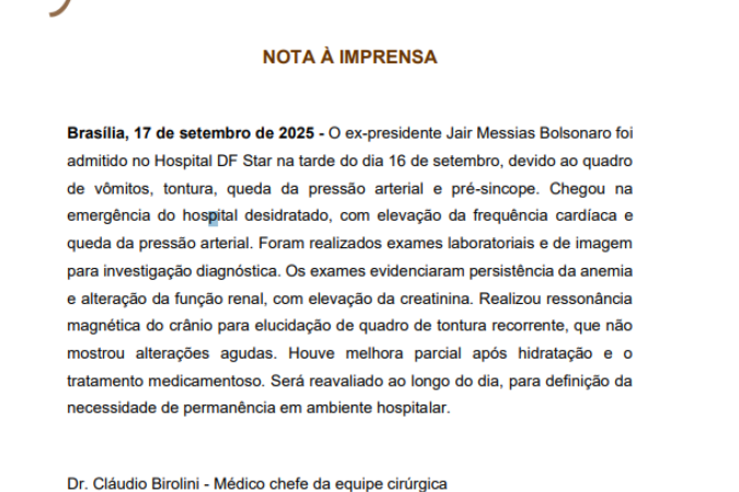 Boletim médico do ex-presidente Jair Bolsonaro divulgado nesta quarta-feira (17/9)