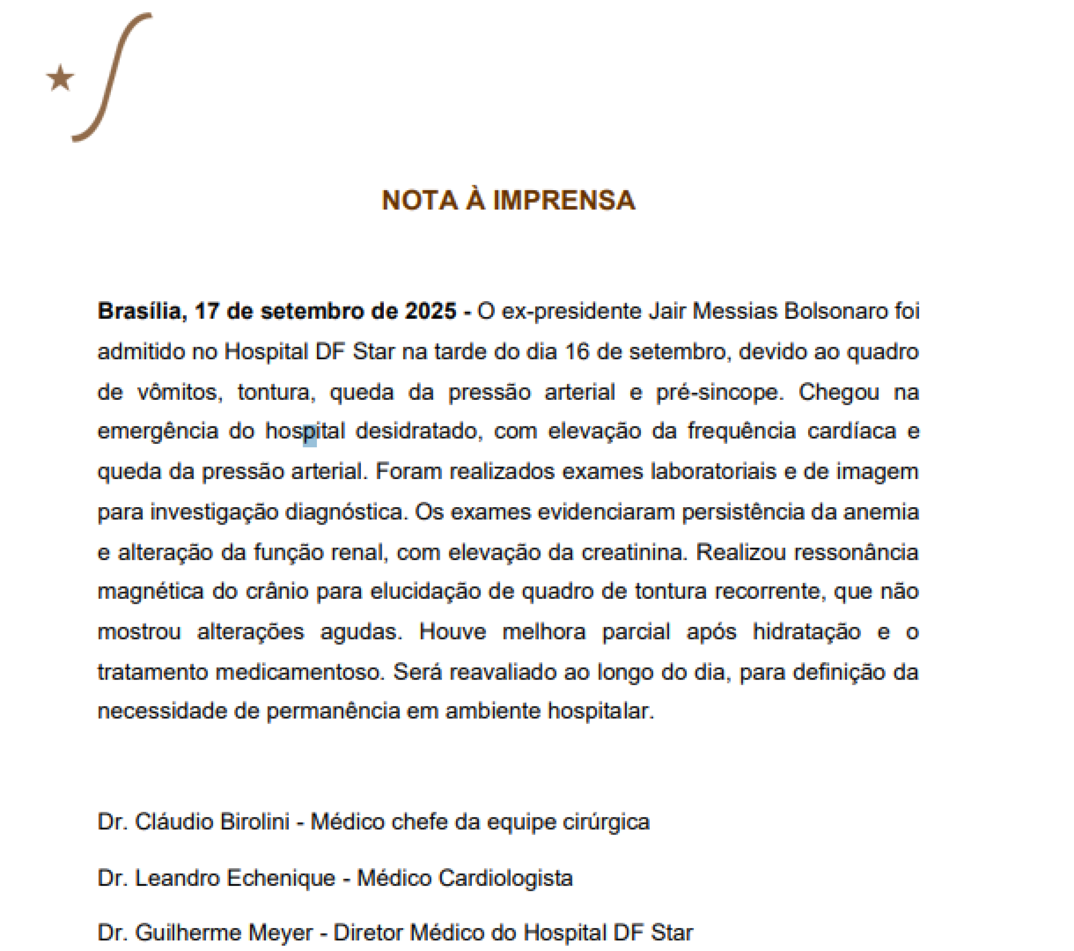 Boletim médico do ex-presidente Jair Bolsonaro divulgado nesta quarta-feira (17/9)