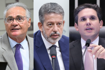 O senador Renan Calheiros (esq.), seu rival Arthur Lira (meio) e o presidente da Câmara, Hugo Motta (dir.) -  (crédito: Bruno Spada e Marina Ramos/Câmara e Andressa Anholete/Senado)