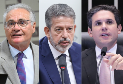 O senador Renan Calheiros (esq.), seu rival Arthur Lira (meio) e o presidente da Câmara, Hugo Motta (dir.) -  (crédito: Bruno Spada e Marina Ramos/Câmara e Andressa Anholete/Senado)