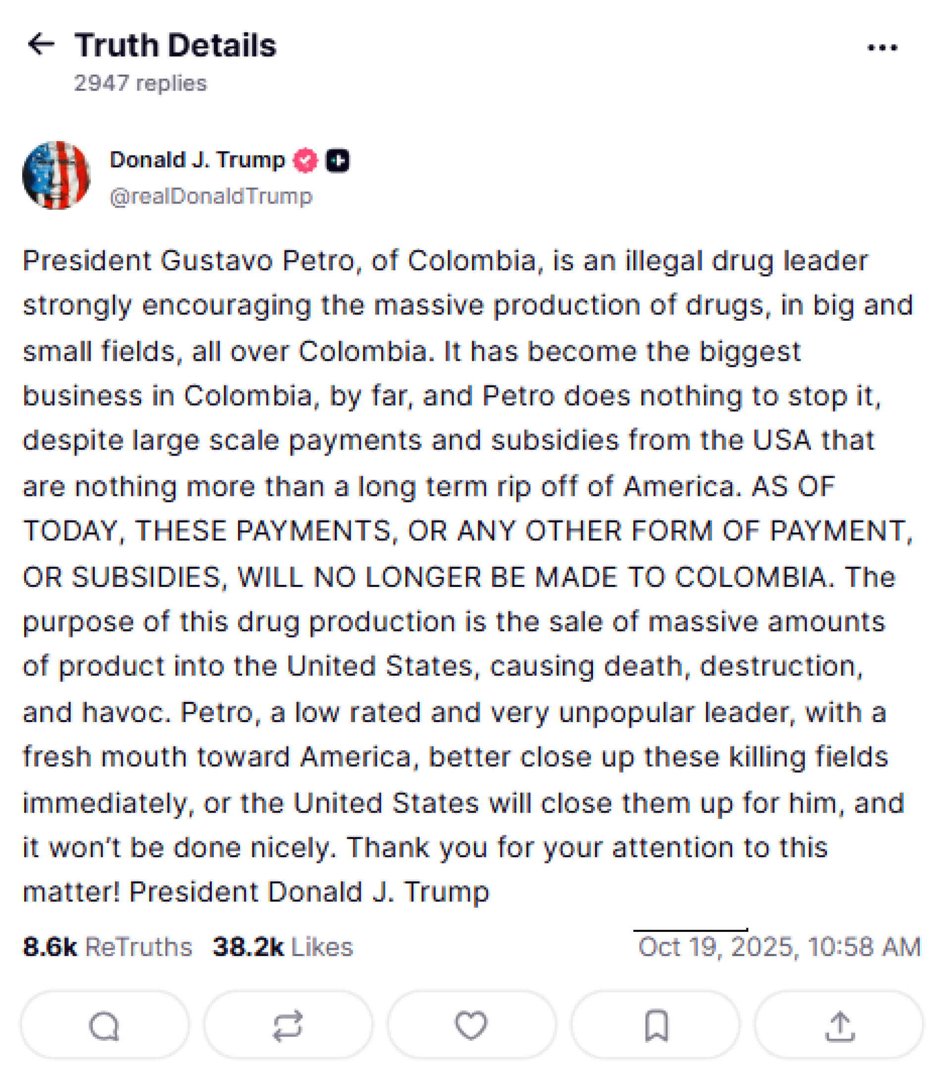 Em publica&ccedil;&atilde;o na Truth Social, Trump chama Petro de 'traficante de drogas ilegal'