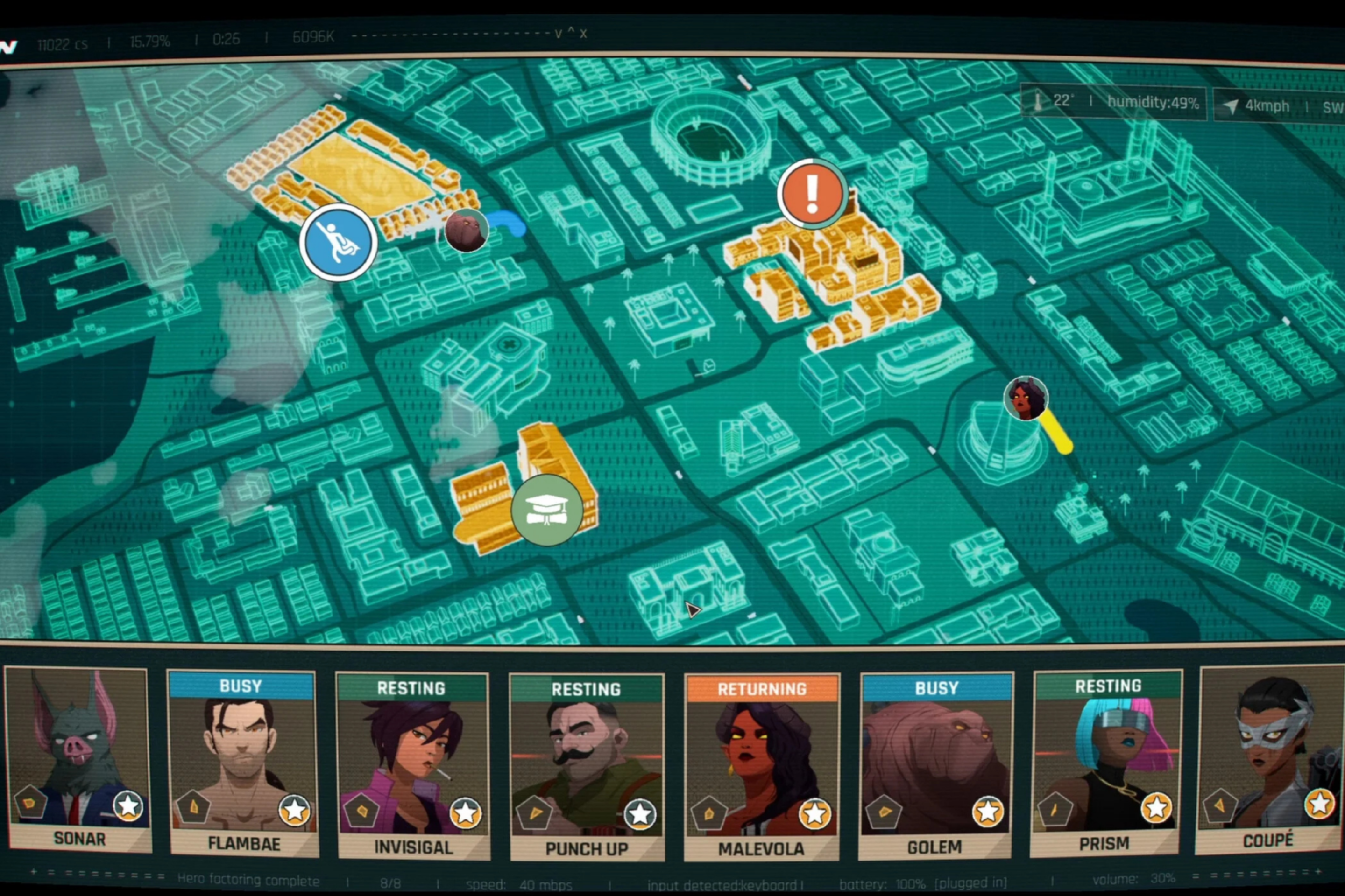 O mapa de despache, com os 8 heróis disponíveis para enviar aos chamados.