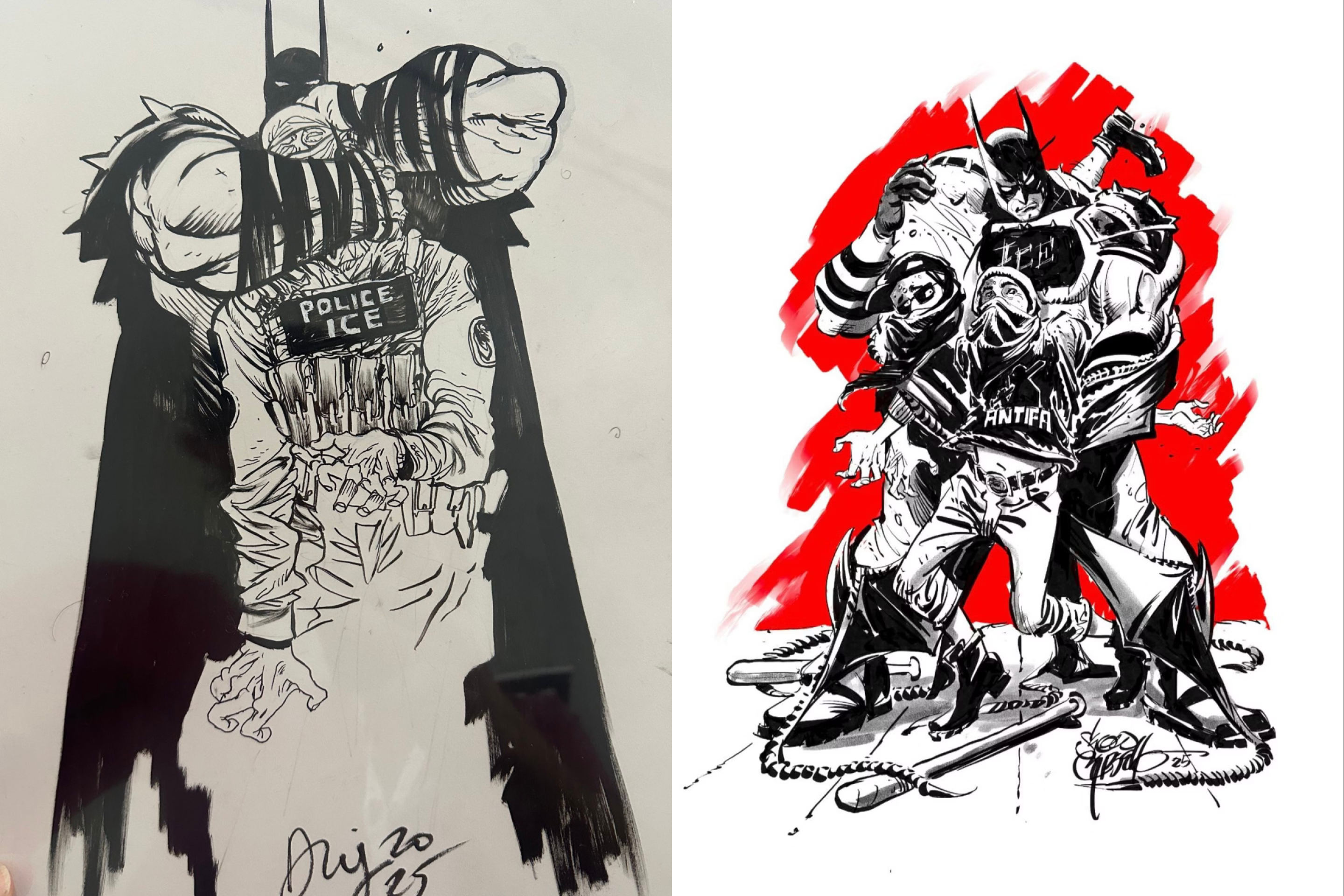 A esquerda o desenho de Warren com o agente da ICE e a direita do desenho de Dixon com Batman capturando membros da Antifa.