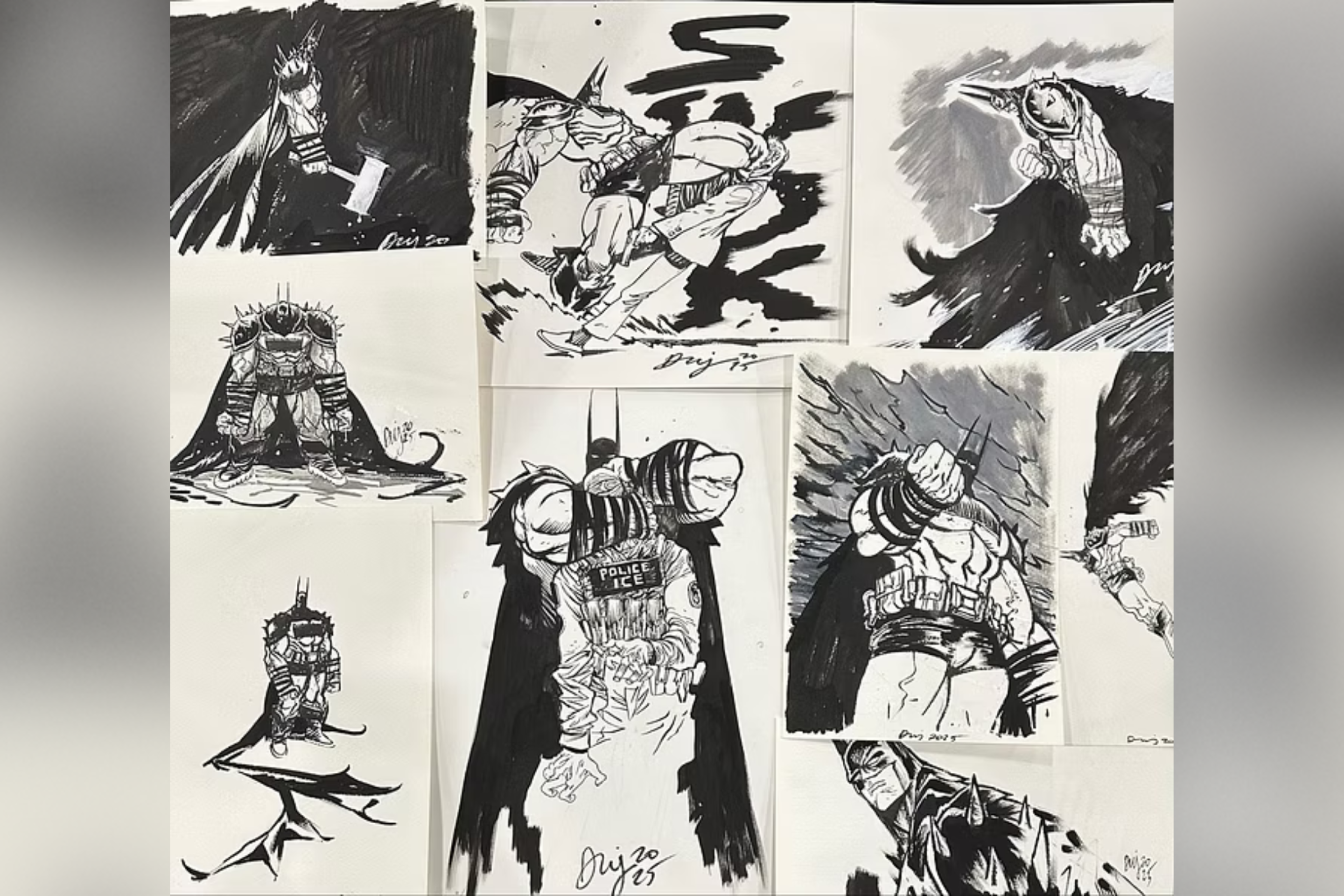 As artes de Warren que mostram o personagem em seu tra&ccedil;o.