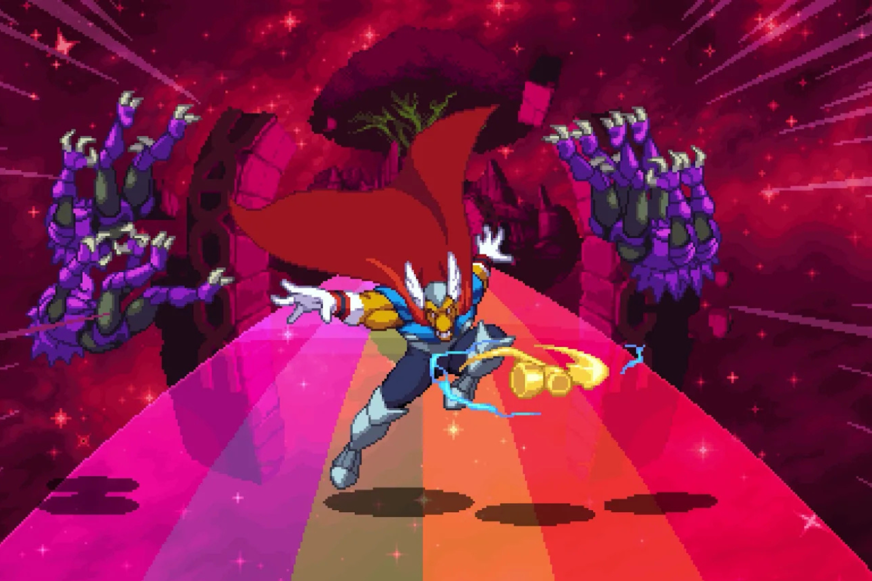 No melhor estilo 16 bits, o cenário da Bifrost é feito com uma falsa perspectiva de profundiade.