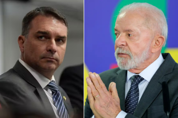 Flávio Bolsonaro seria derrotado por Lula por ampla margem em um eventual segundo turno nas eleições de 2026, segundo a mais recente pesquisa Datafolha -  (crédito: Foto: Saulo Cruz/Agência Senado e  Fabio Rodrigues-Pozzebom/Agência Brasil;Montagem: Wal Lima)