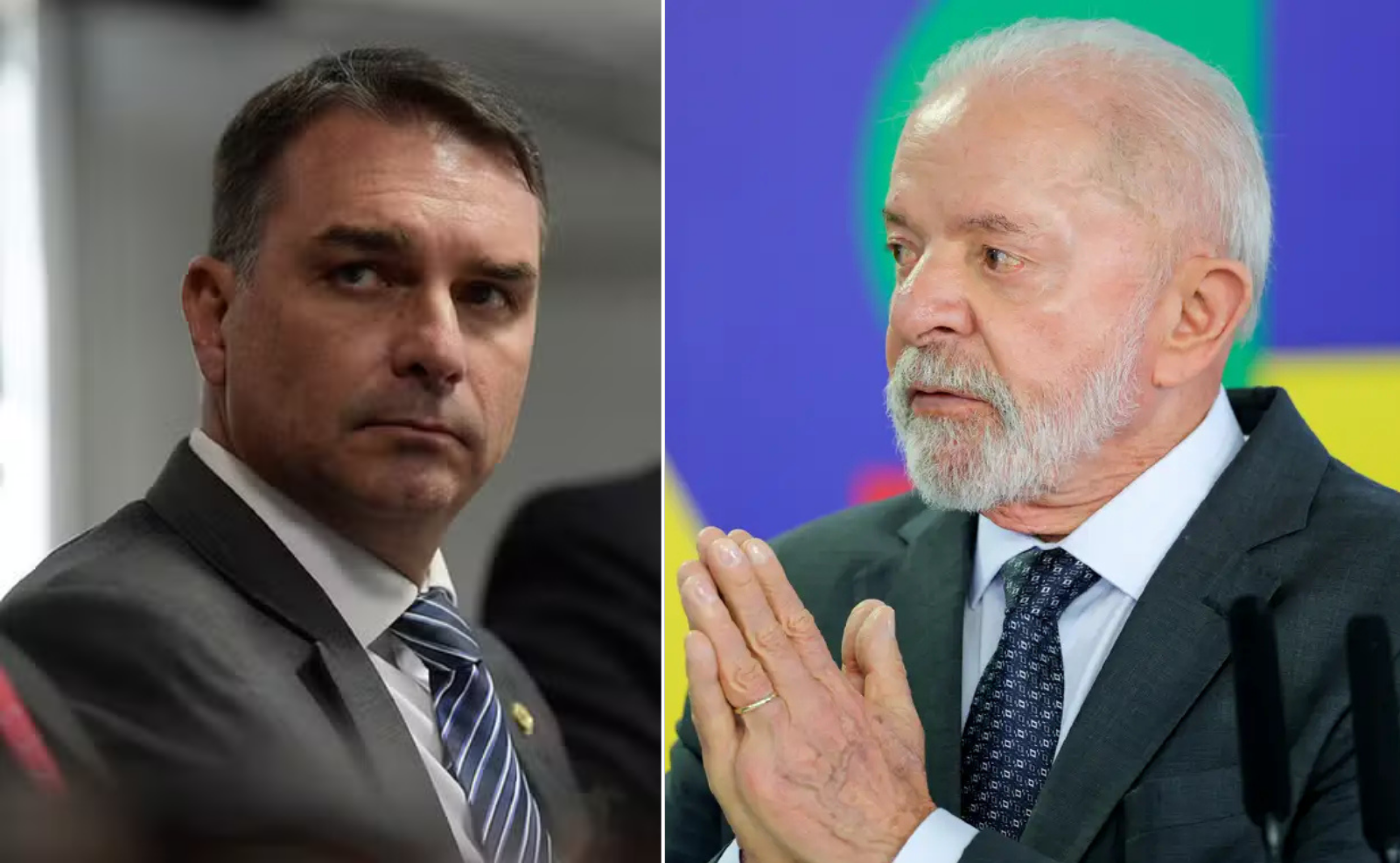 Flávio Bolsonaro seria derrotado por Lula por ampla margem em um eventual segundo turno nas eleições de 2026, segundo a mais recente pesquisa Datafolha -  (crédito: Foto: Saulo Cruz/Agência Senado e  Fabio Rodrigues-Pozzebom/Agência Brasil;Montagem: Wal Lima)
